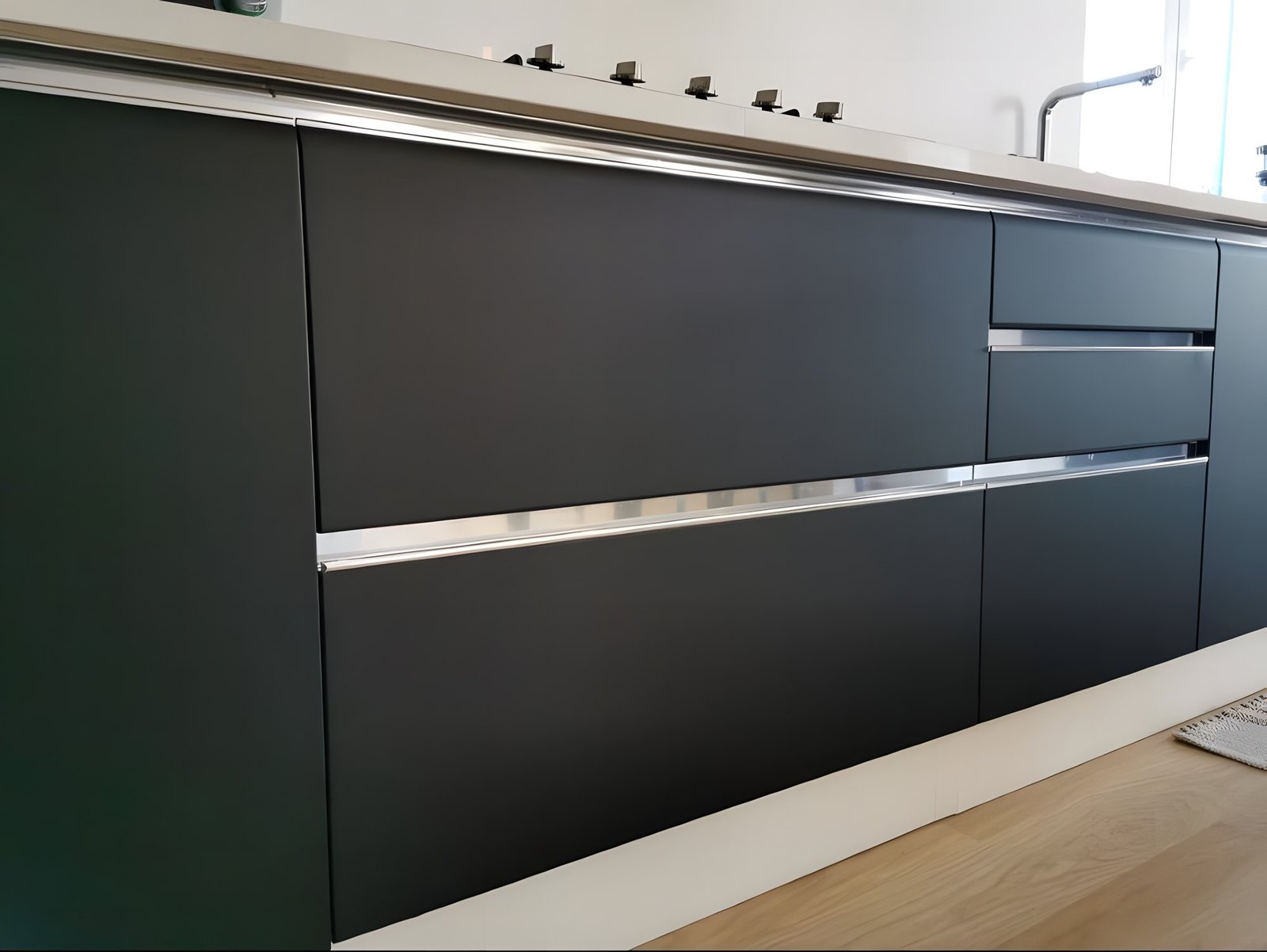 Après : les mêmes meubles bas de cuisine en noir mat, profilés chromés conservés, plinthe blanche.