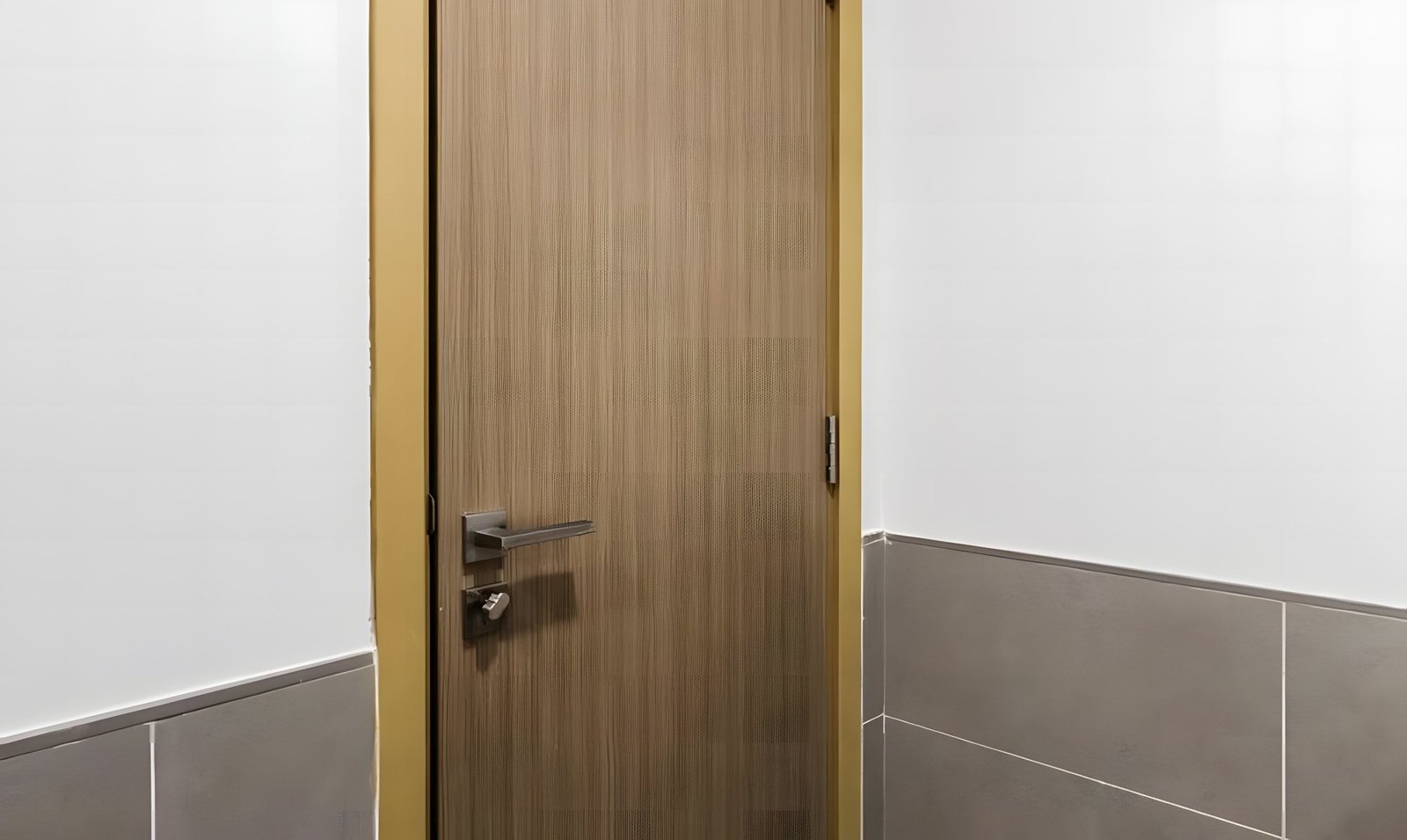 Avant : porte en bois brun à huisserie jaune moutarde, entre des murs blancs à soubassement carrelé gris.