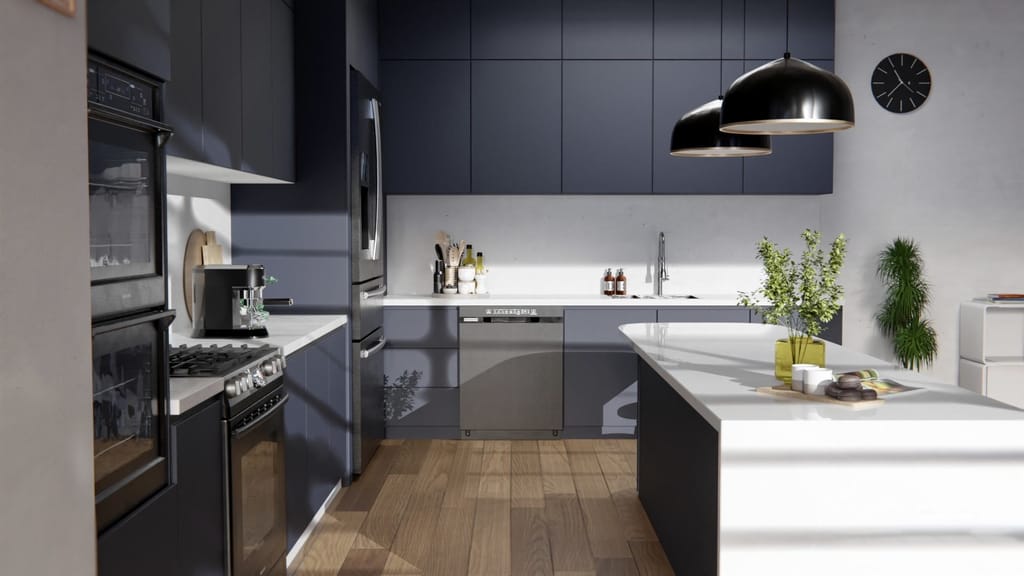 Cuisine aux façades et îlot bleu nuit, plan de travail blanc, suspensions noires et parquet en bois