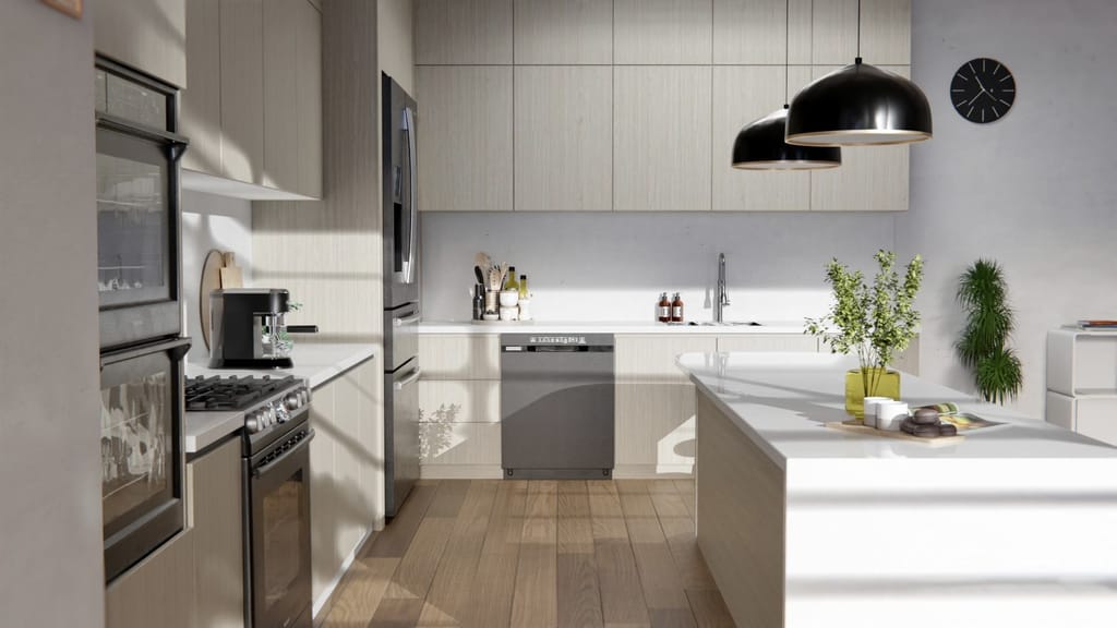 Cuisine avec îlot aux façades en chêne blanchi gris clair, plans de travail blancs, suspensions noires