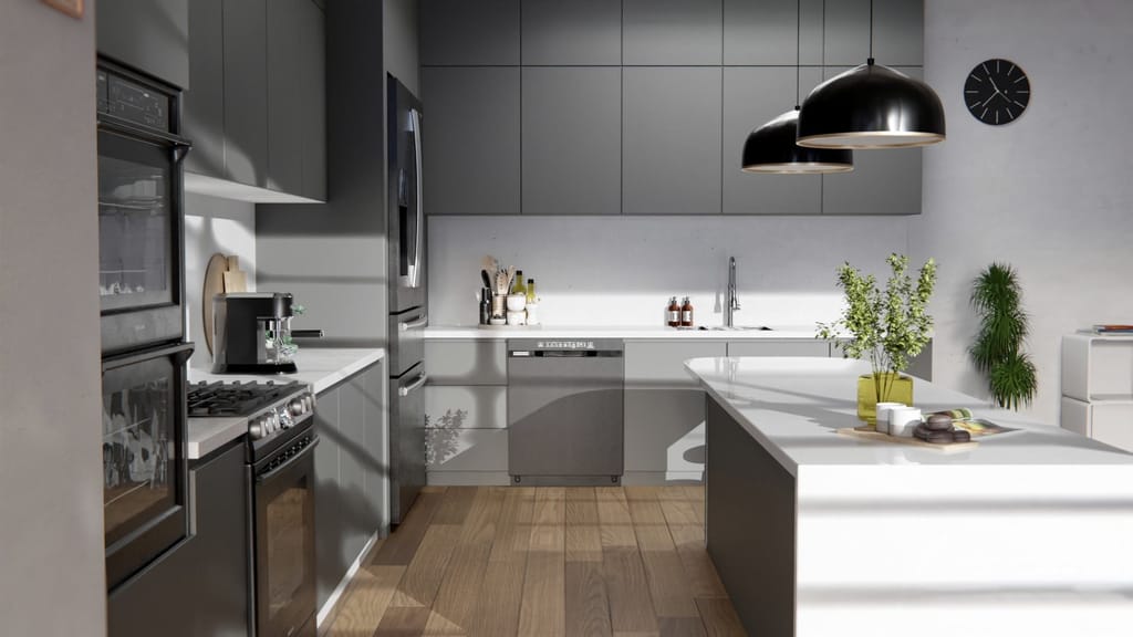 Cuisine avec îlot aux façades gris anthracite mat, plans de travail blancs et suspensions noires