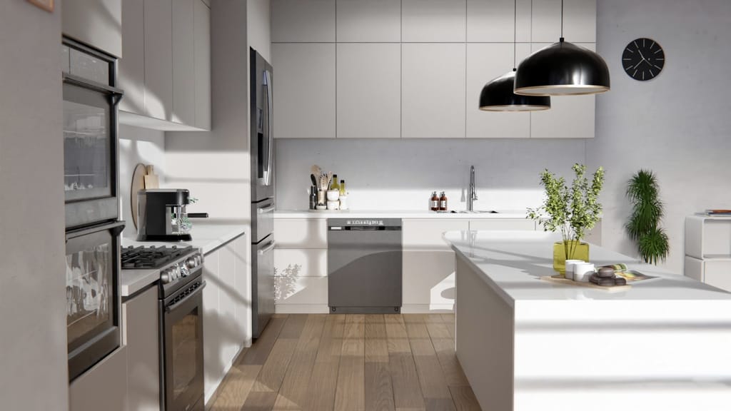 Cuisine aux façades gris beige clair, plan de travail blanc, crédence gris clair et suspensions noires