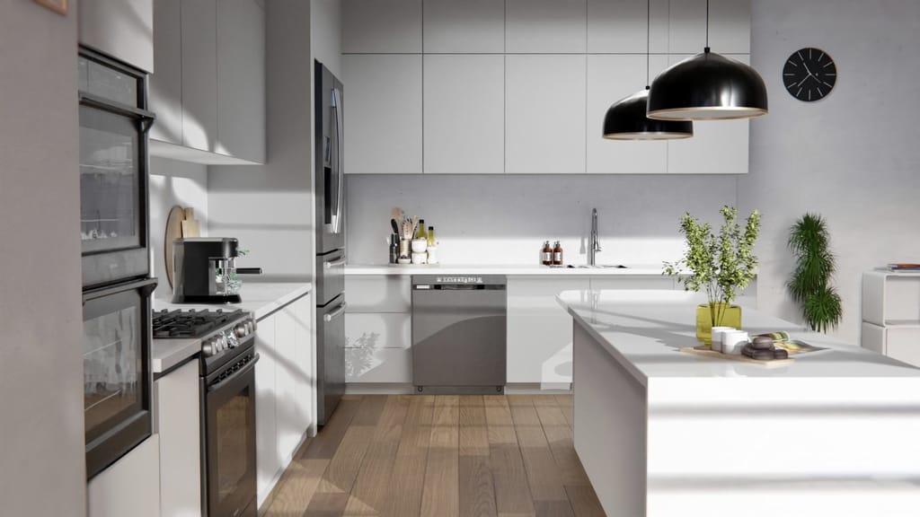 Cuisine lumineuse avec îlot aux façades gris très clair, électroménager noir et parquet en bois