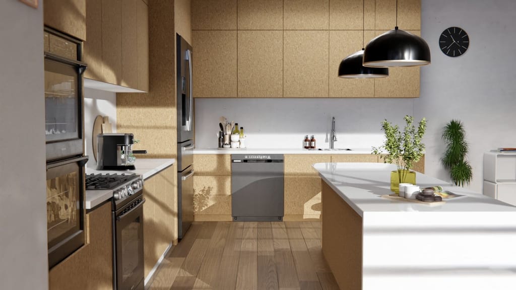 Cuisine aux façades et îlot en liège naturel, plan de travail blanc, suspensions noires et parquet en bois