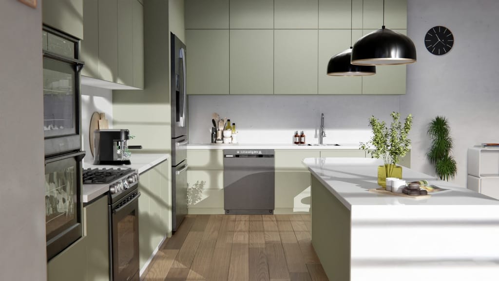 Cuisine avec îlot aux façades vert sauge clair mat, plans de travail blancs et parquet en bois