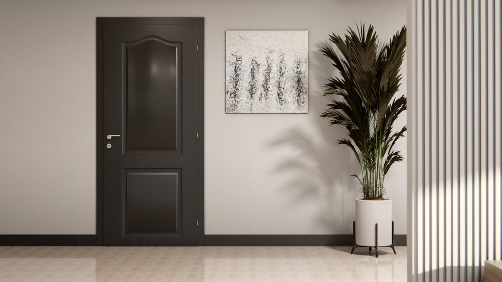 Porte intérieure à panneaux moulurés habillée d'un noir brillant sur mur clair, avec plante et tableau